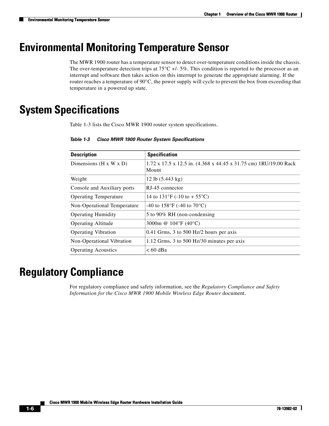 Cisco Systems MWR 1900 manual Environmental Monitoring Temperature Sensor, System Specifications, Regulatory Compliance 
