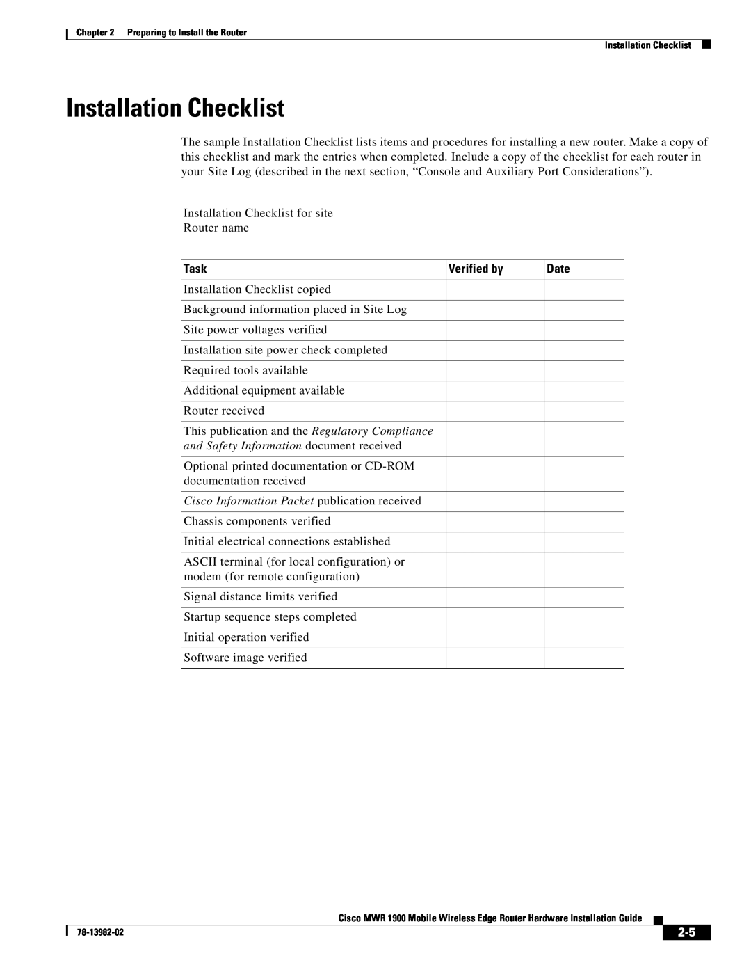 Cisco Systems MWR 1900 manual Installation Checklist, and Safety Information document received, Task, Verified by, Date 