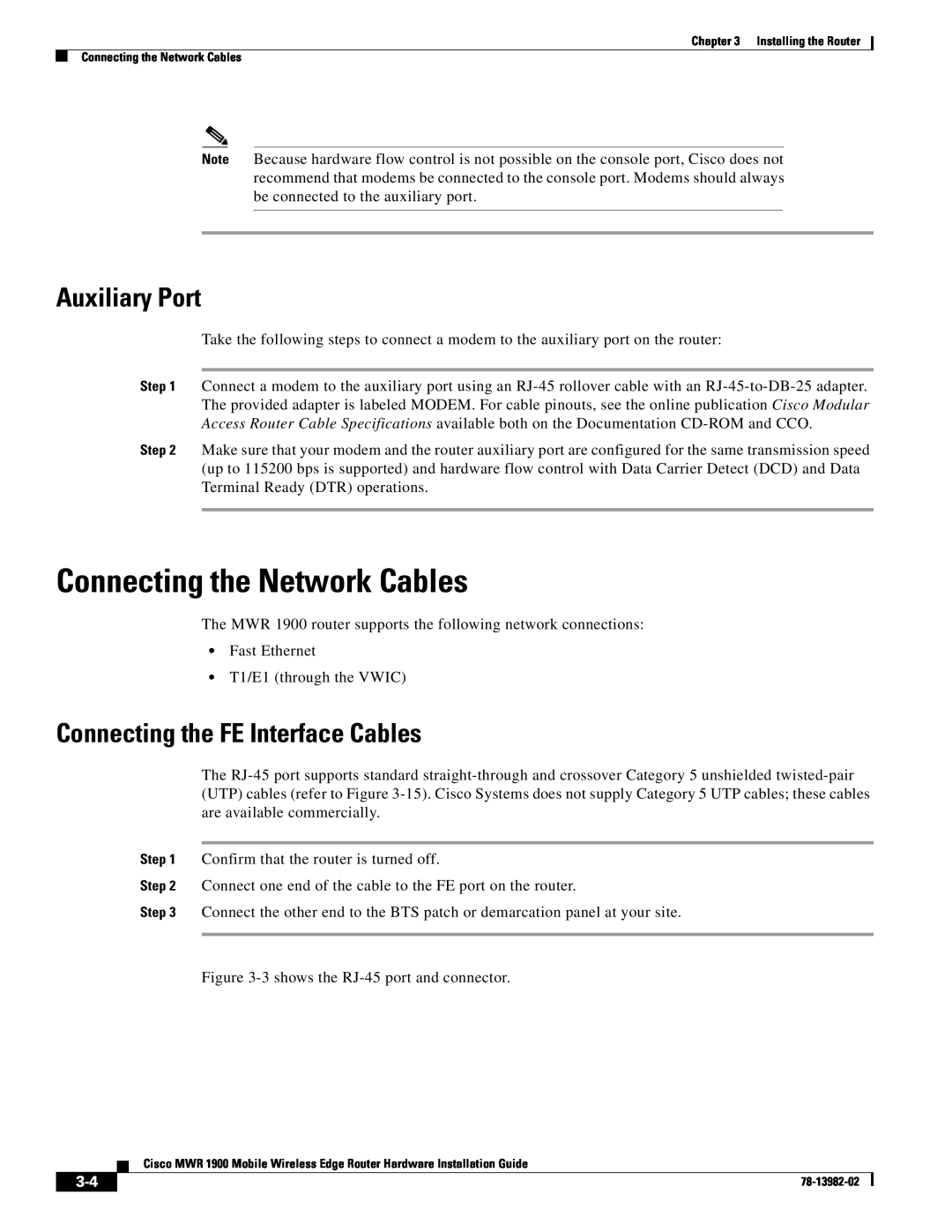 Cisco Systems MWR 1900 manual Connecting the Network Cables, Auxiliary Port, Connecting the FE Interface Cables 