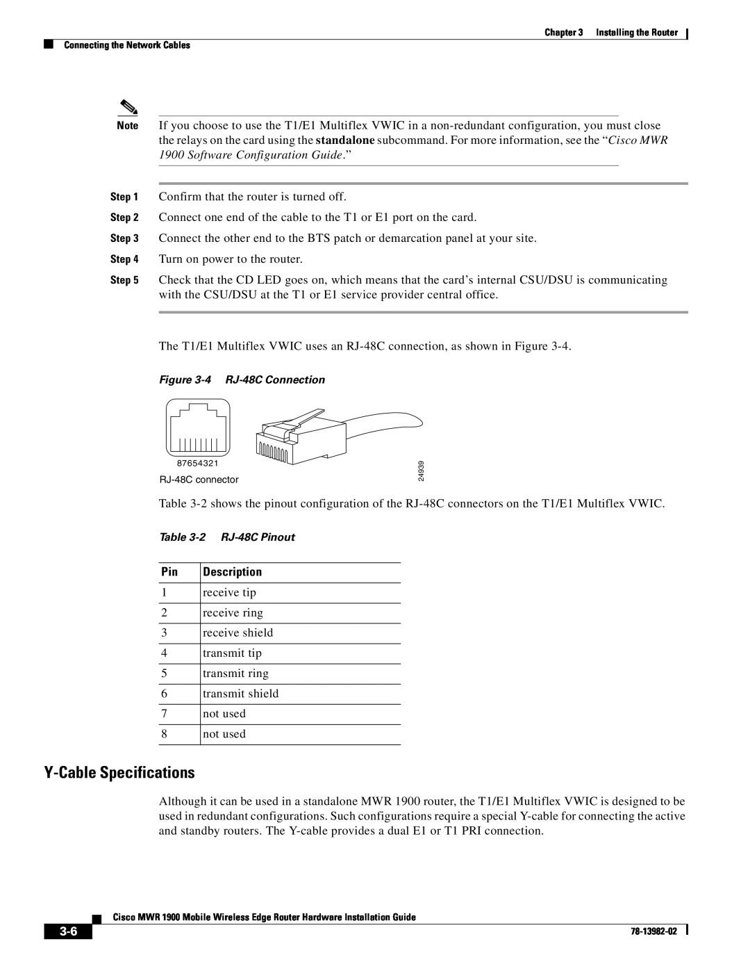 Cisco Systems MWR 1900 manual Y-Cable Specifications, 4 RJ-48C Connection, 2 RJ-48C Pinout 