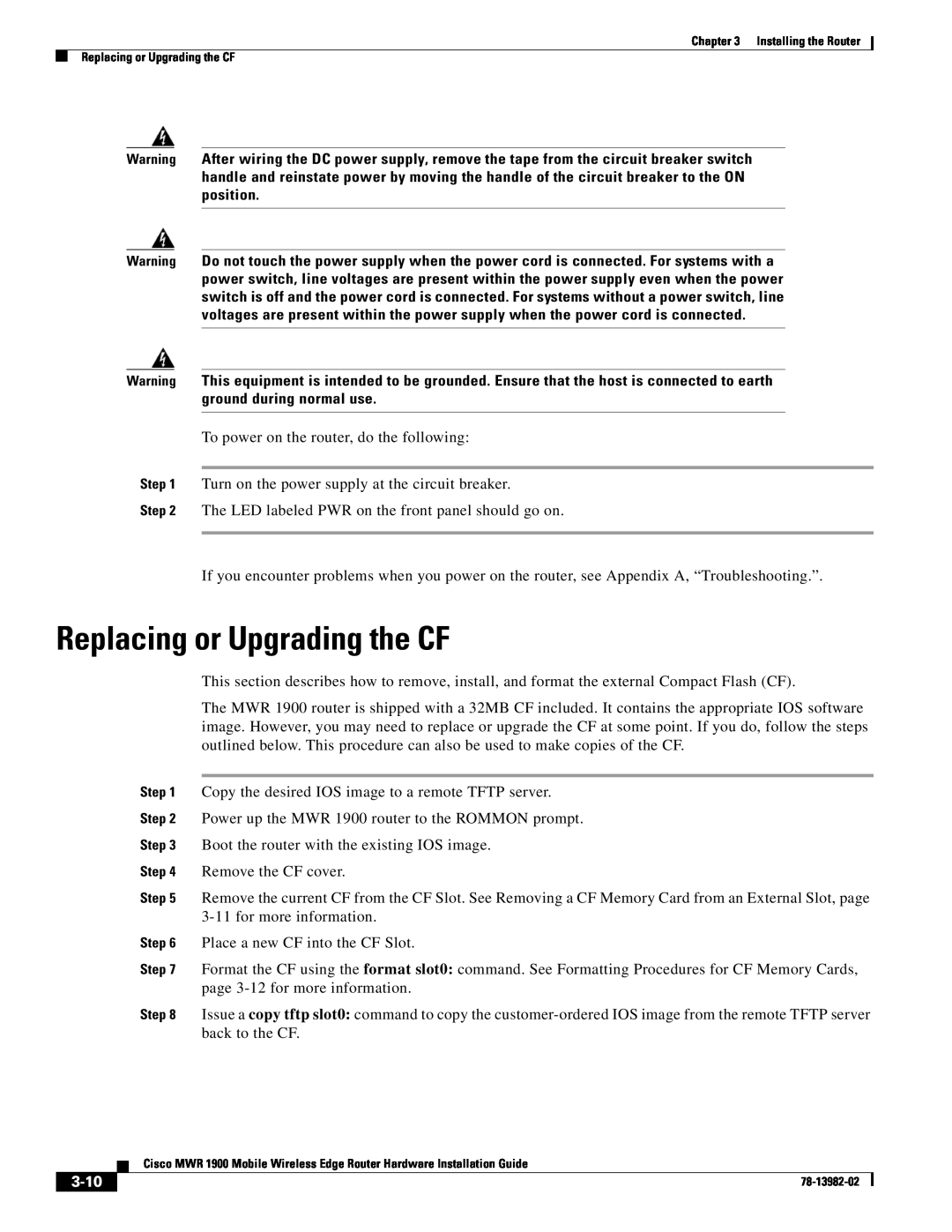 Cisco Systems MWR 1900 manual Replacing or Upgrading the CF, 3-10 