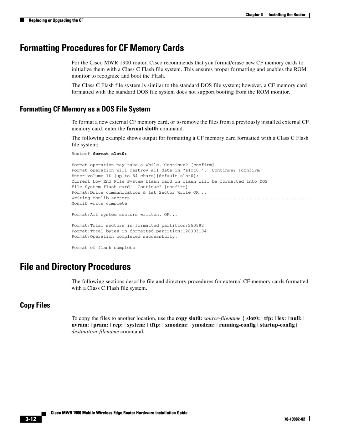 Cisco Systems MWR 1900 manual Formatting Procedures for CF Memory Cards, File and Directory Procedures, Copy Files, 3-12 