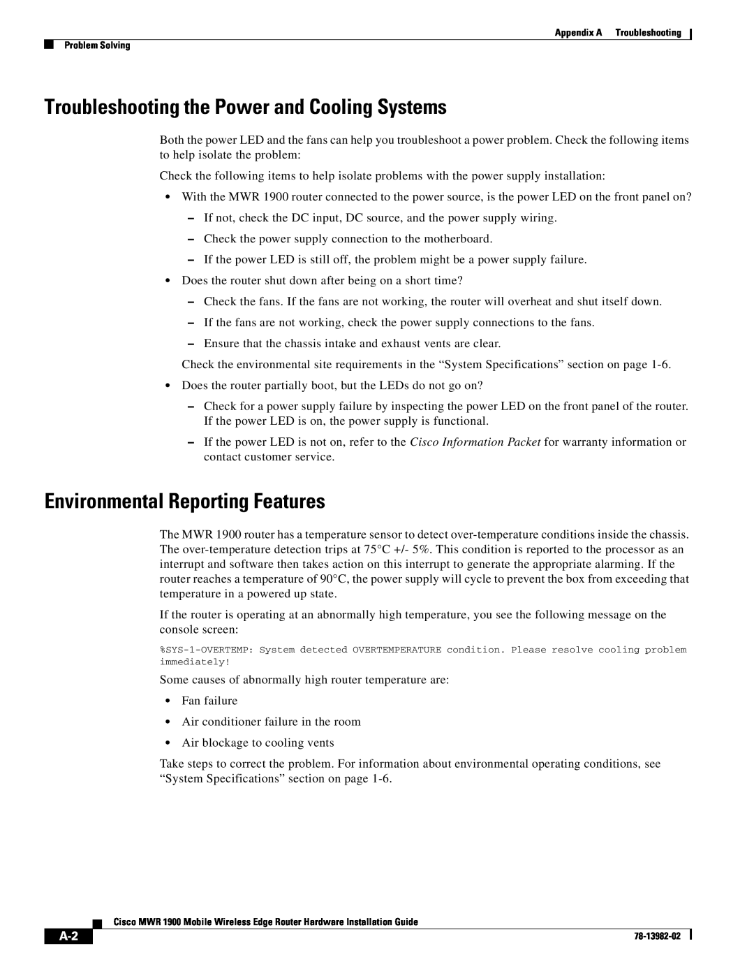 Cisco Systems MWR 1900 manual Troubleshooting the Power and Cooling Systems, Environmental Reporting Features 