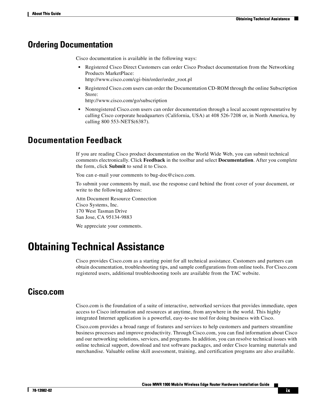 Cisco Systems MWR 1900 manual Obtaining Technical Assistance, Ordering Documentation, Documentation Feedback, Cisco.com 
