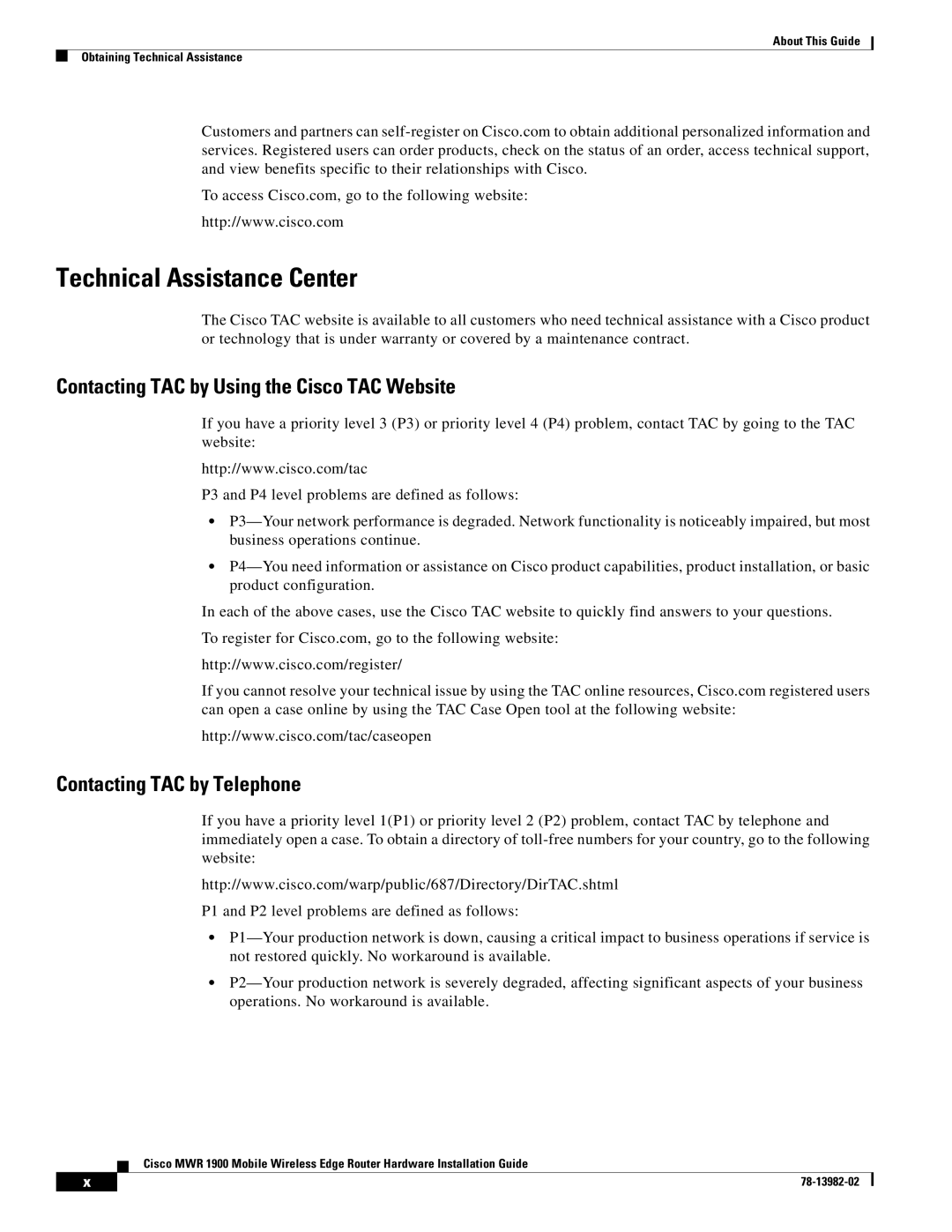 Cisco Systems MWR 1900 manual Technical Assistance Center, Contacting TAC by Using the Cisco TAC Website 