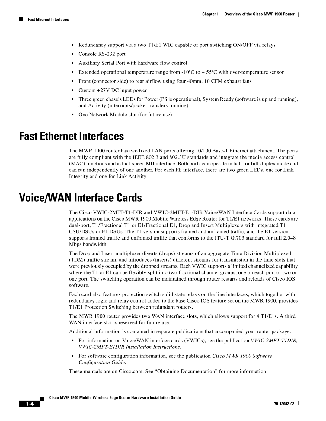 Cisco Systems MWR 1900 manual Fast Ethernet Interfaces, Voice/WAN Interface Cards 