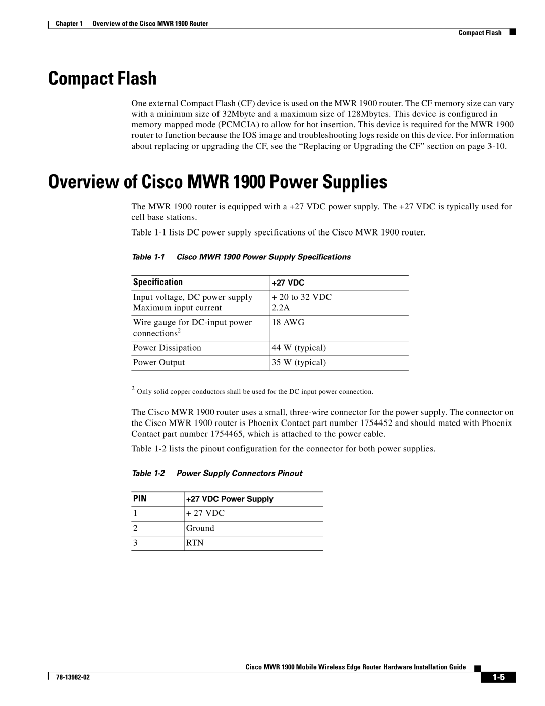 Cisco Systems manual Compact Flash, Overview of Cisco MWR 1900 Power Supplies, Specification 