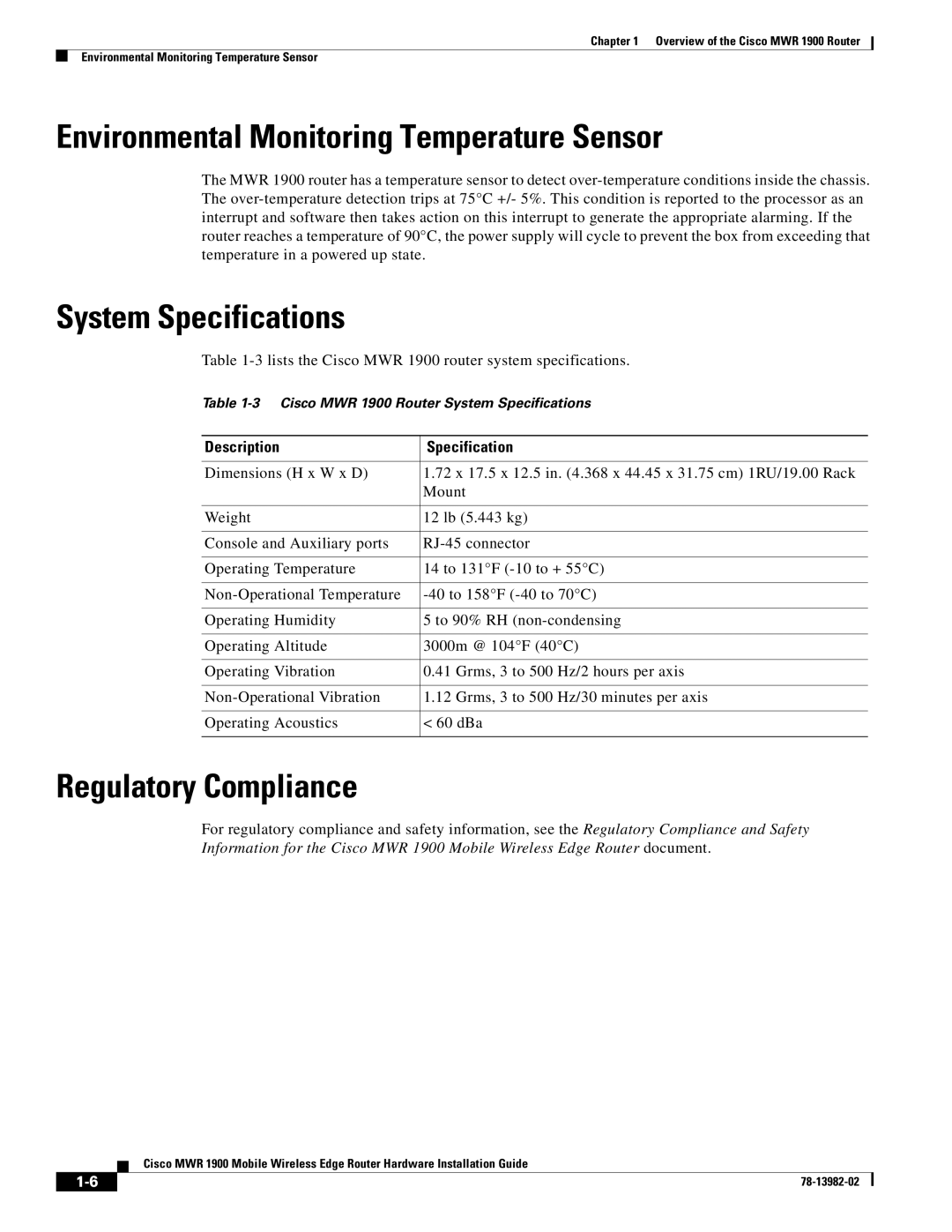 Cisco Systems MWR 1900 manual Environmental Monitoring Temperature Sensor, System Specifications, Regulatory Compliance 