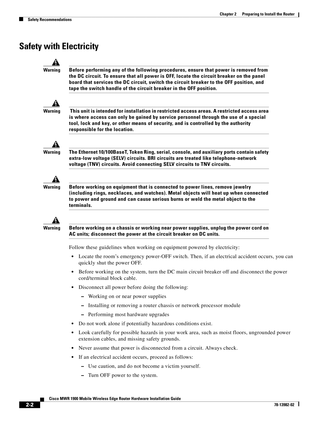 Cisco Systems MWR 1900 manual Safety with Electricity 