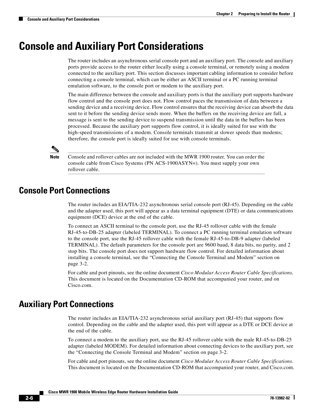 Cisco Systems MWR 1900 Console and Auxiliary Port Considerations, Console Port Connections, Auxiliary Port Connections 