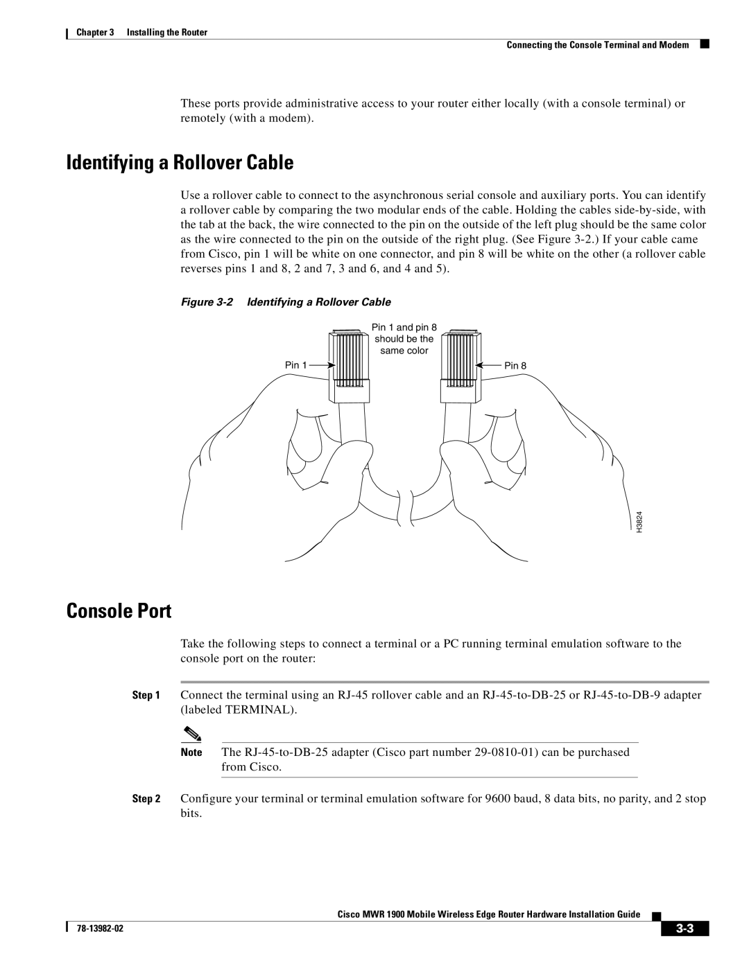 Cisco Systems MWR 1900 manual Identifying a Rollover Cable, Console Port 