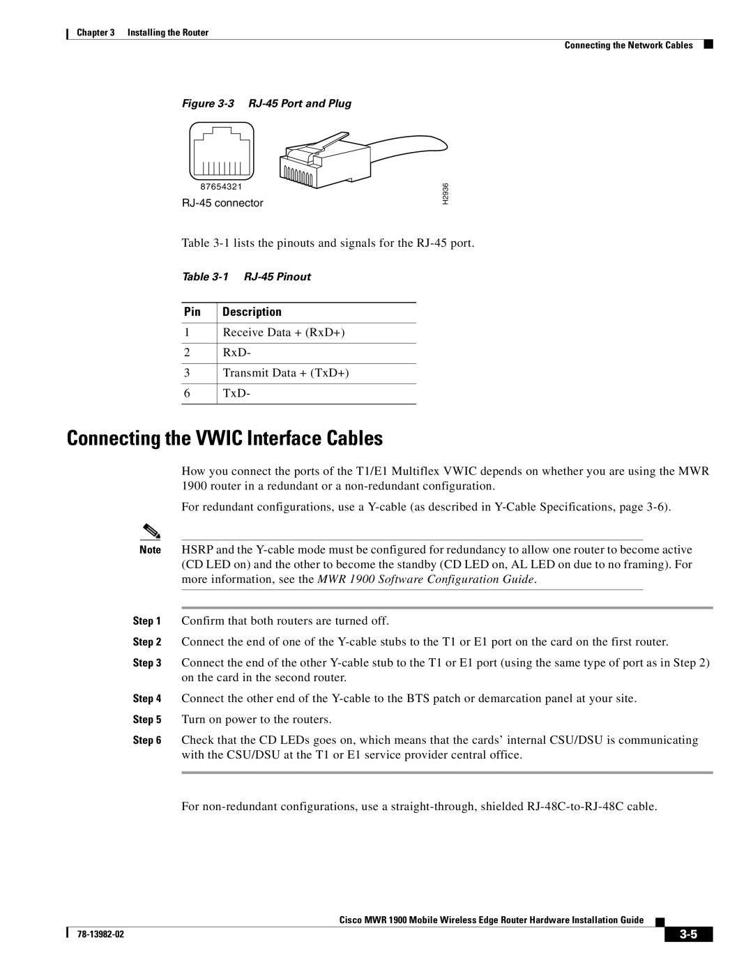 Cisco Systems MWR 1900 manual Connecting the Vwic Interface Cables, Pin Description 