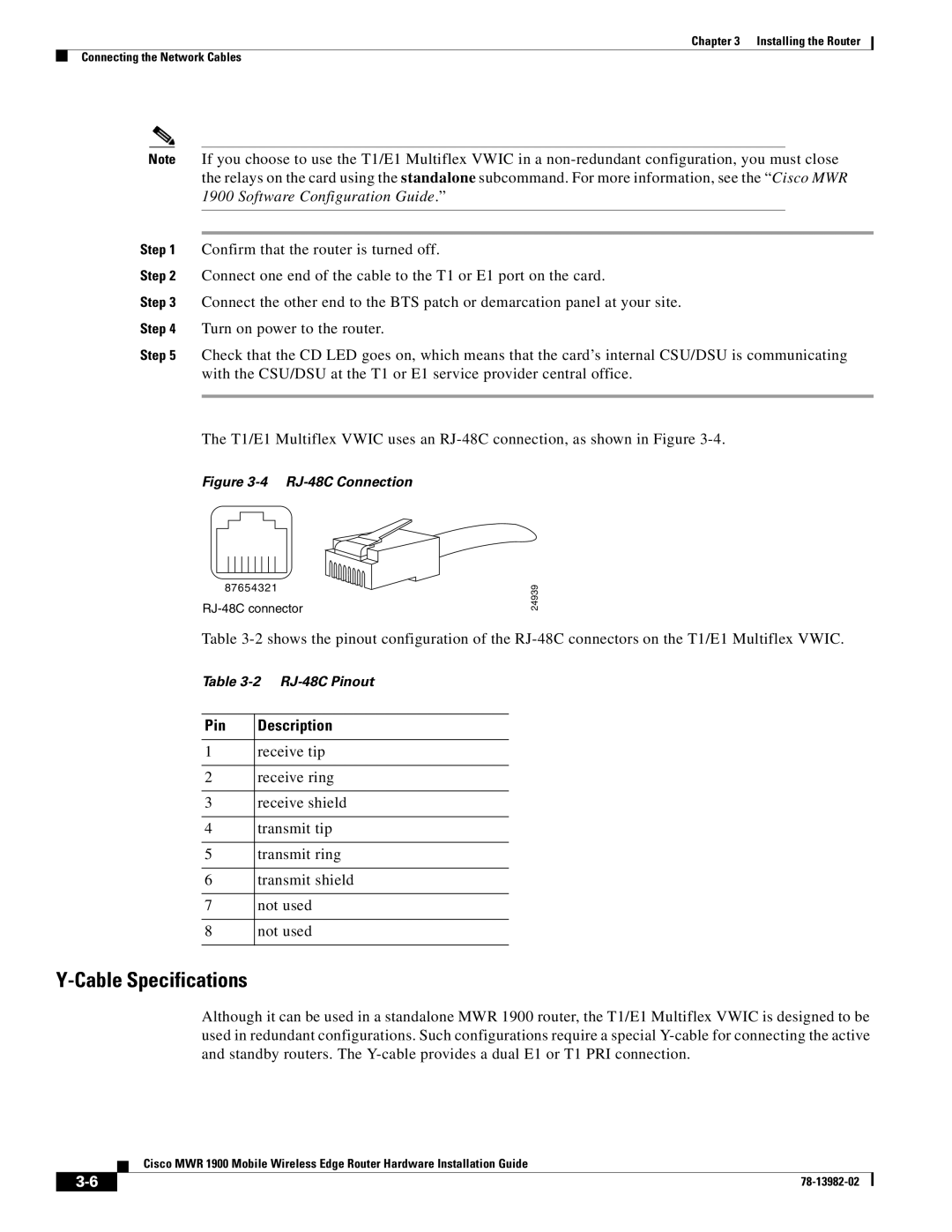 Cisco Systems MWR 1900 manual Cable Specifications, Pin 