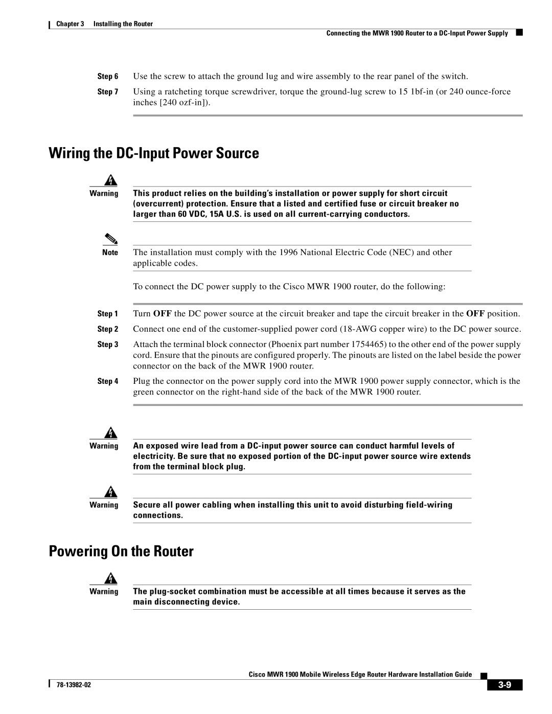 Cisco Systems MWR 1900 manual Wiring the DC-Input Power Source, Powering On the Router 