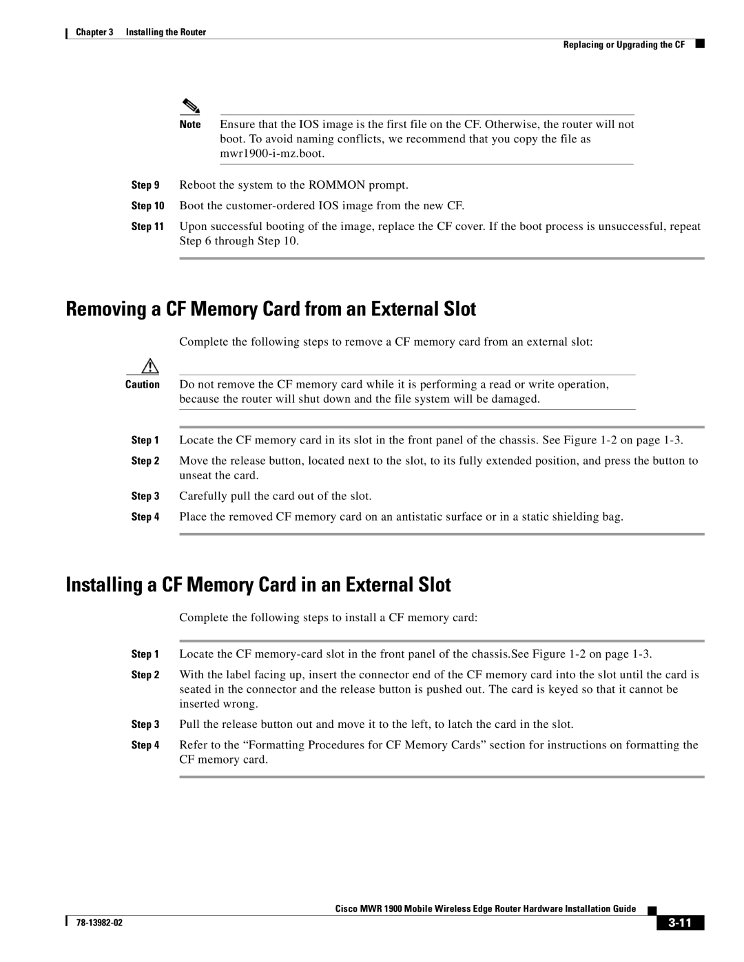 Cisco Systems MWR 1900 Removing a CF Memory Card from an External Slot, Installing a CF Memory Card in an External Slot 