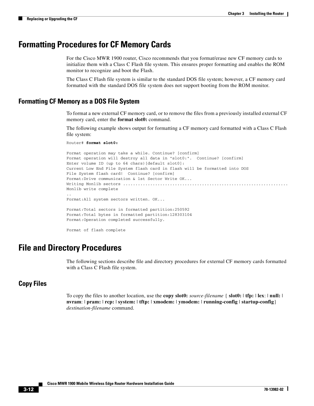 Cisco Systems MWR 1900 manual Formatting Procedures for CF Memory Cards, File and Directory Procedures, Copy Files 