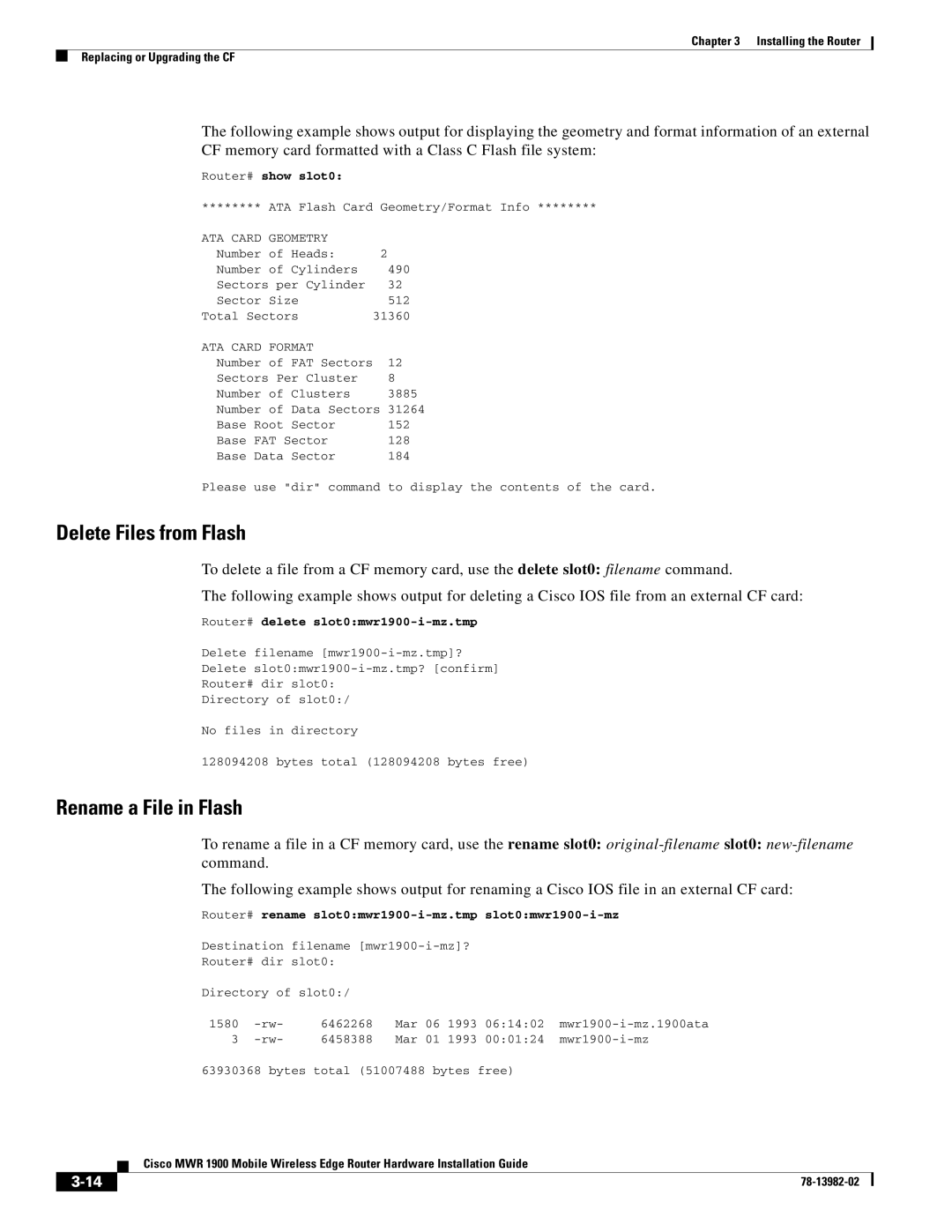 Cisco Systems MWR 1900 manual Delete Files from Flash, Rename a File in Flash 