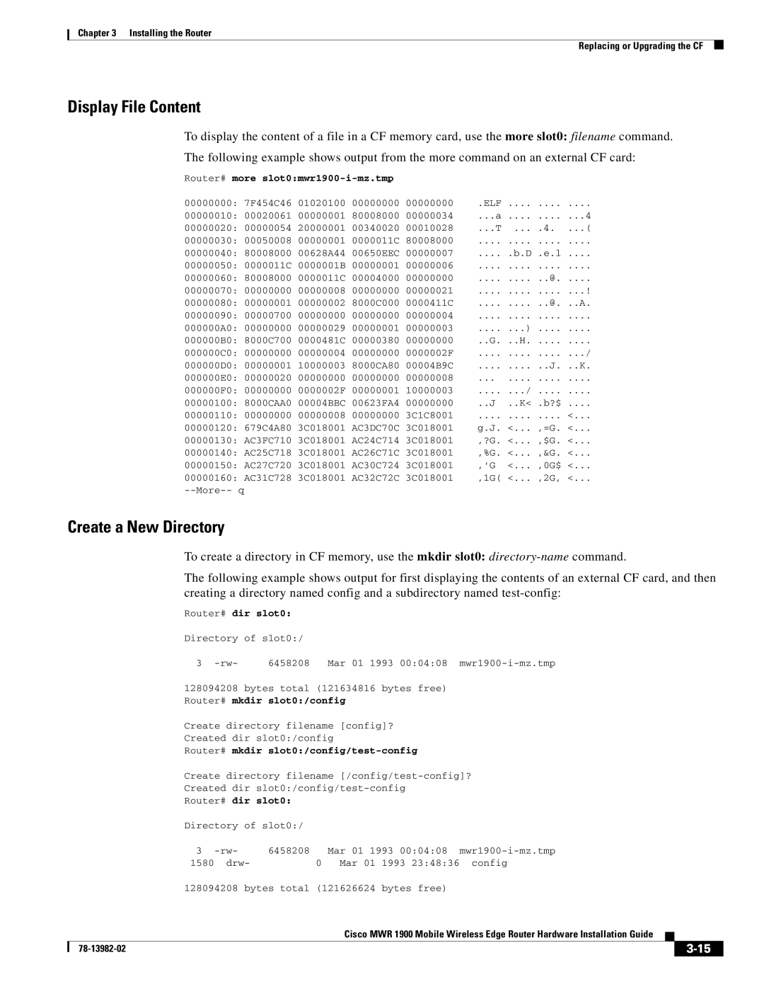 Cisco Systems MWR 1900 manual Display File Content, Create a New Directory 