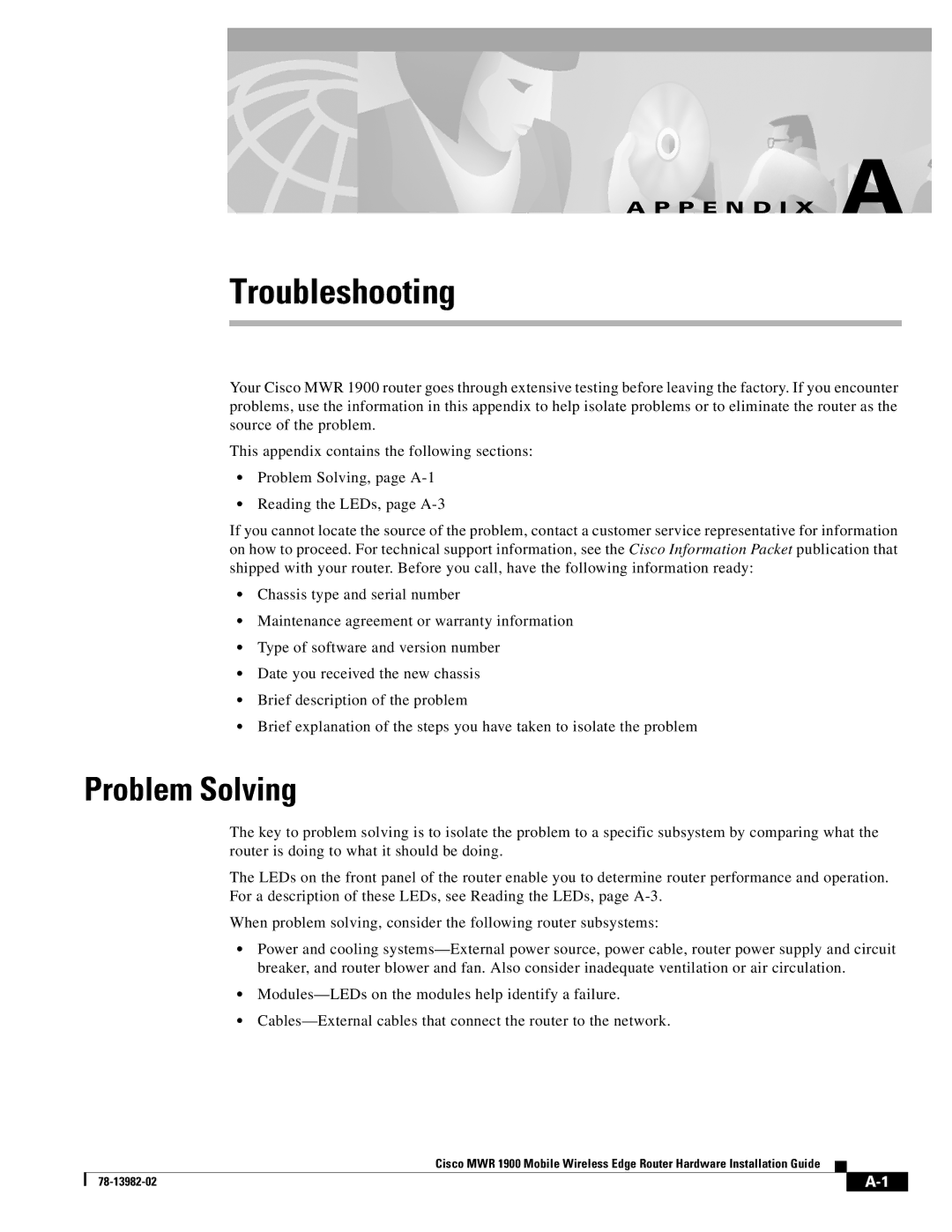 Cisco Systems MWR 1900 manual Troubleshooting, Problem Solving 