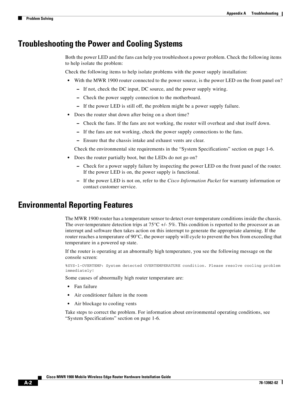 Cisco Systems MWR 1900 manual Troubleshooting the Power and Cooling Systems, Environmental Reporting Features 