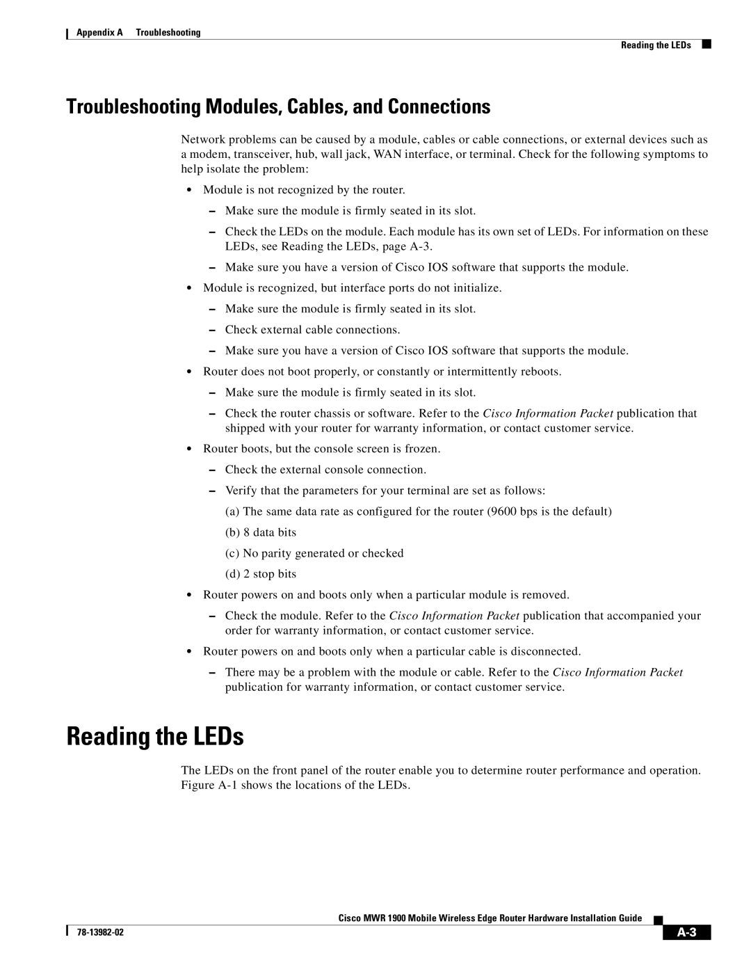 Cisco Systems MWR 1900 manual Reading the LEDs, Troubleshooting Modules, Cables, and Connections 