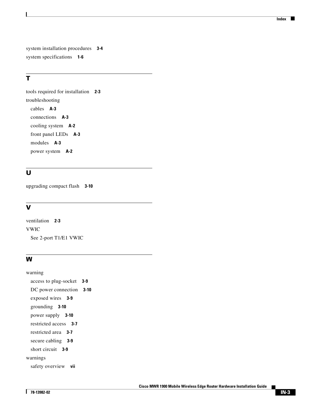 Cisco Systems MWR 1900 manual IN-3 