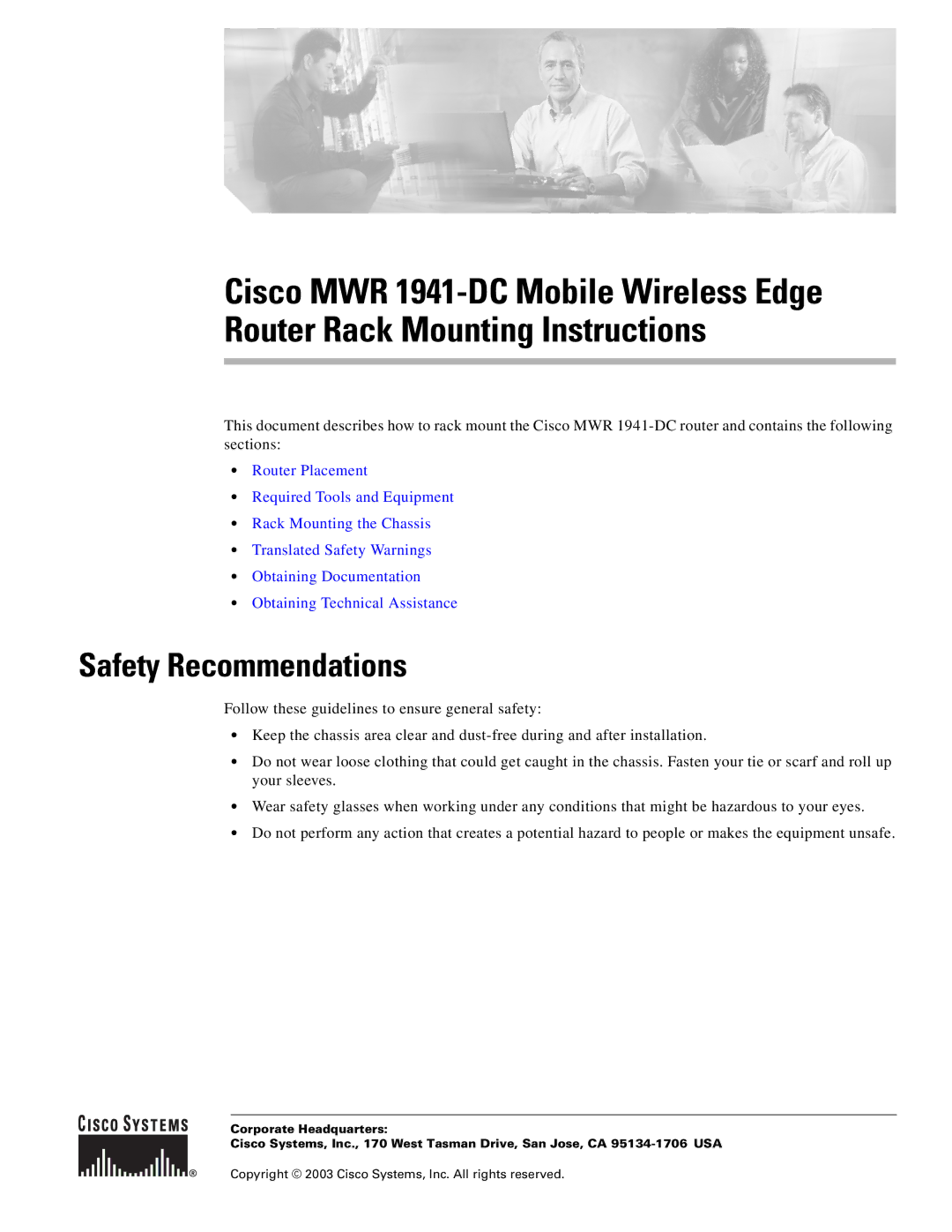 Cisco Systems MWR 1941-DC manual Safety Recommendations 