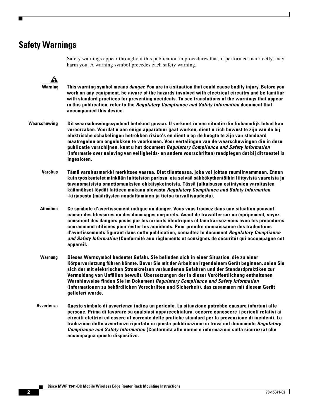 Cisco Systems MWR 1941-DC manual Safety Warnings 