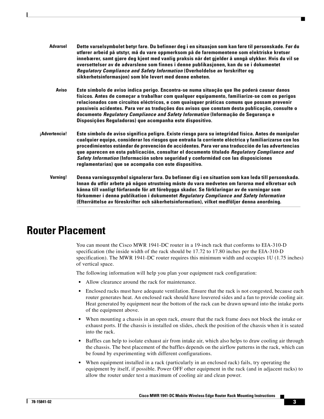 Cisco Systems MWR 1941-DC manual Router Placement 