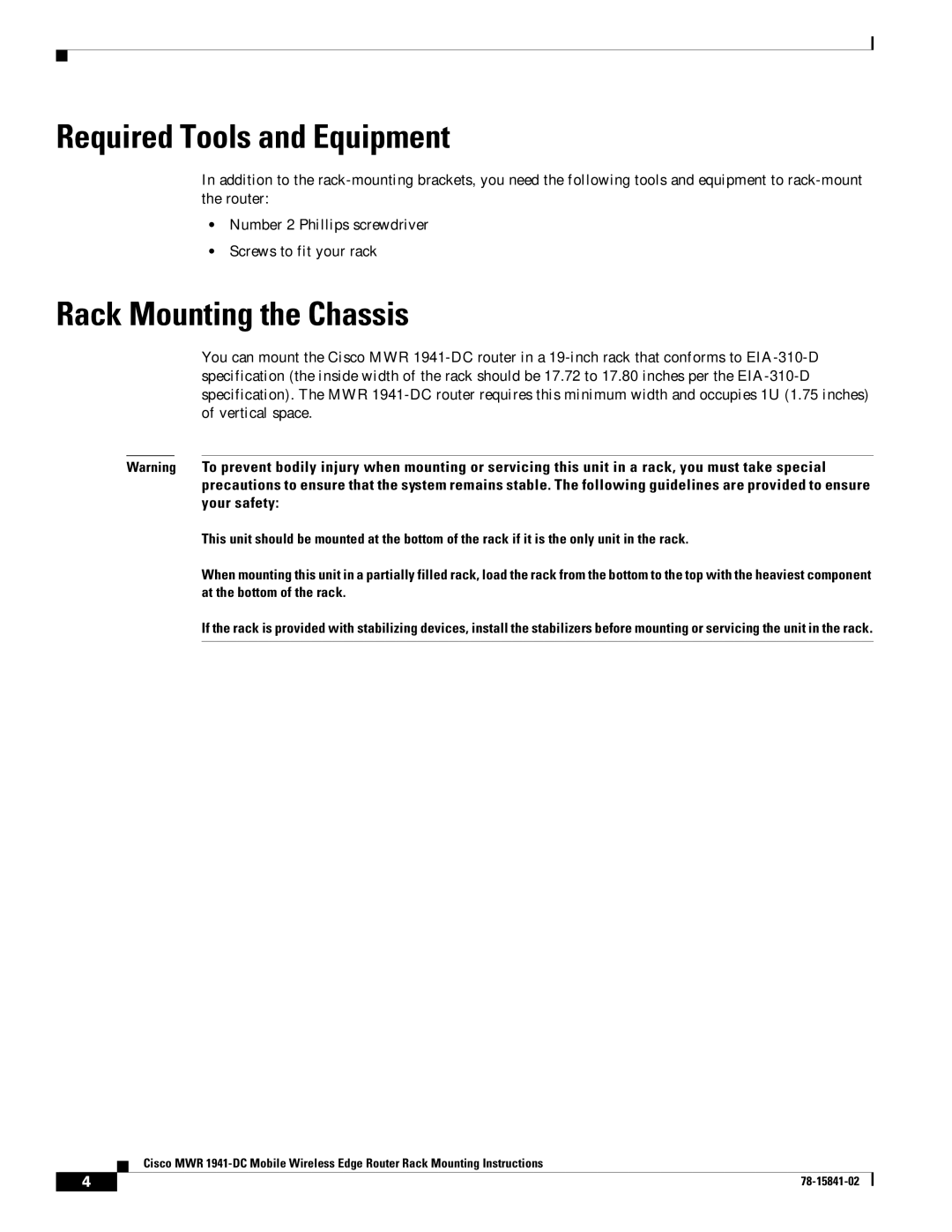 Cisco Systems MWR 1941-DC manual Required Tools and Equipment, Rack Mounting the Chassis 