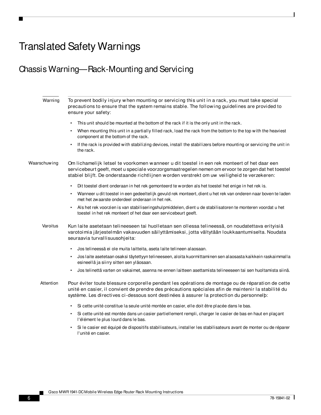 Cisco Systems MWR 1941-DC manual Translated Safety Warnings, Chassis Warning-Rack-Mounting and Servicing 