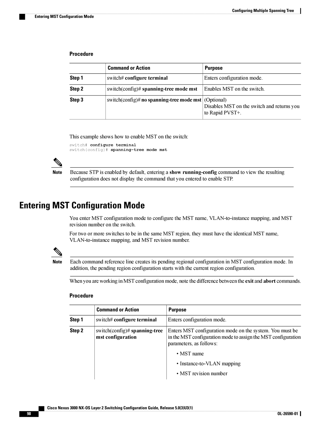 Cisco Systems N3KC3048TP1GE manual Entering MST Configuration Mode, Switchconfig# spanning-tree mode mst, Mst configuration 