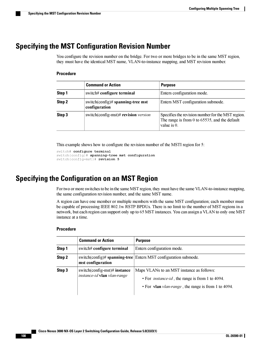 Cisco Systems N3KC3048TP1GE, N3KC3064TFAL3 Specifying the MST Configuration Revision Number, Instance-id vlan vlan-range 