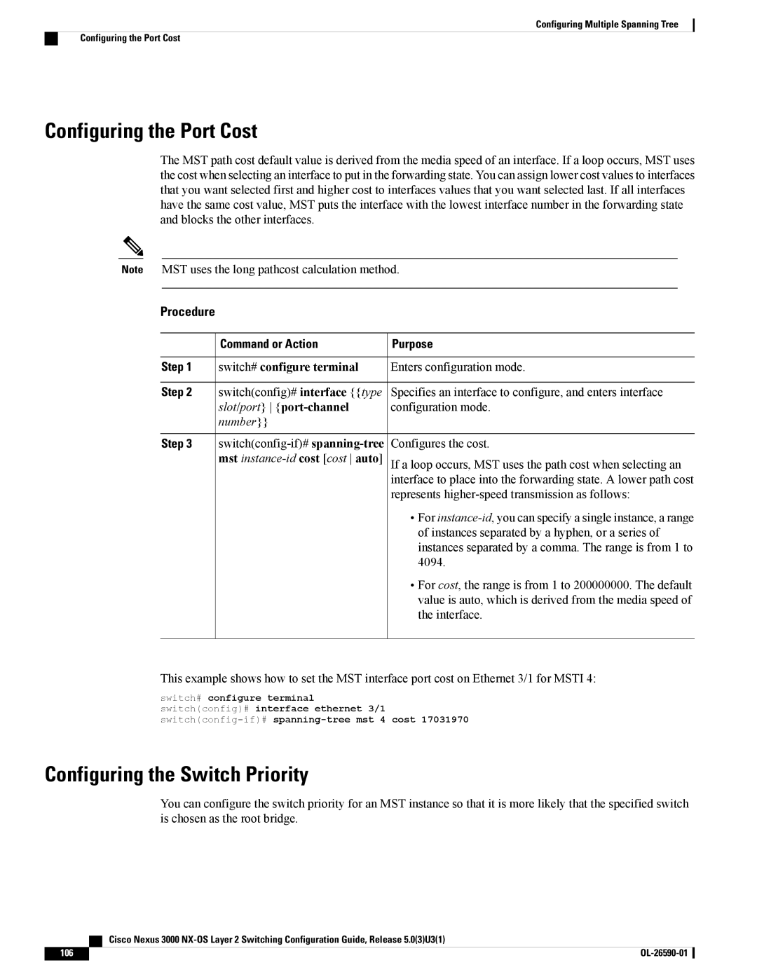 Cisco Systems N3KC3048TP1GE, N3KC3064TFAL3 manual Configuring the Port Cost, Configuring the Switch Priority 