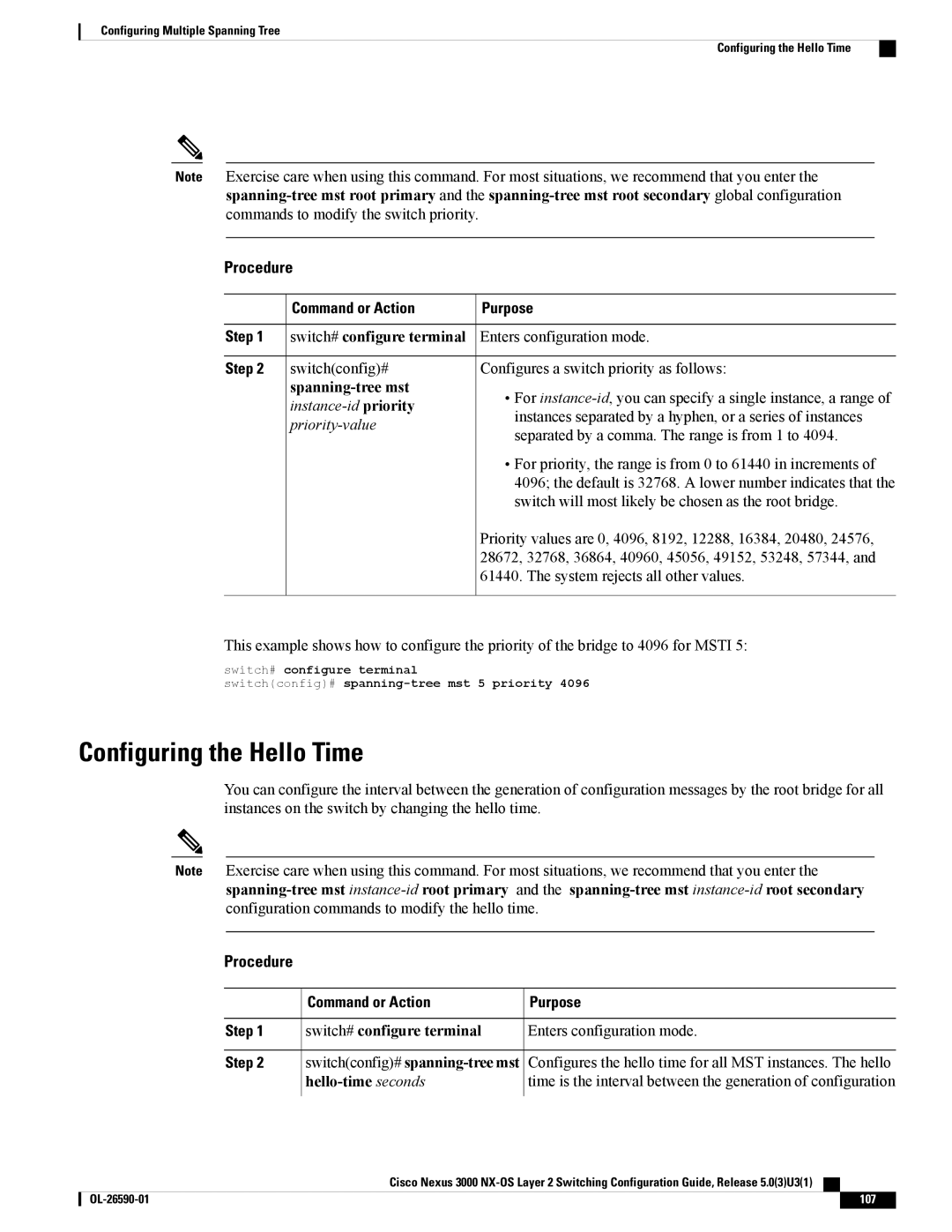 Cisco Systems N3KC3064TFAL3 manual Configuring the Hello Time, Configures the hello time for all MST instances. The hello 