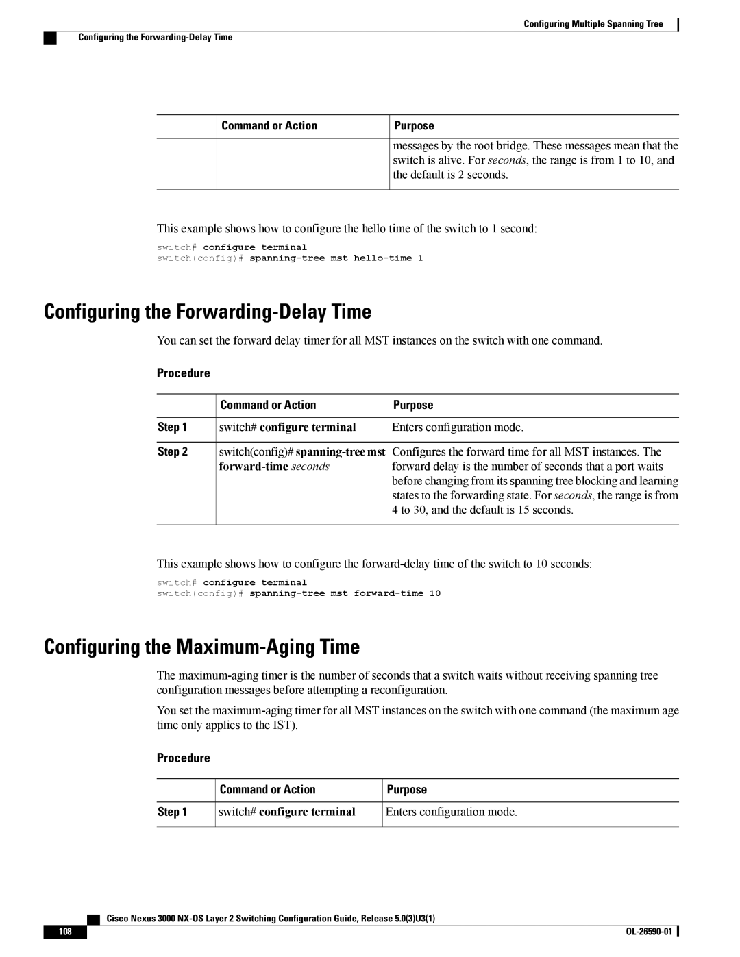 Cisco Systems N3KC3048TP1GE, N3KC3064TFAL3 manual Configuring the Forwarding-Delay Time, Configuring the Maximum-Aging Time 