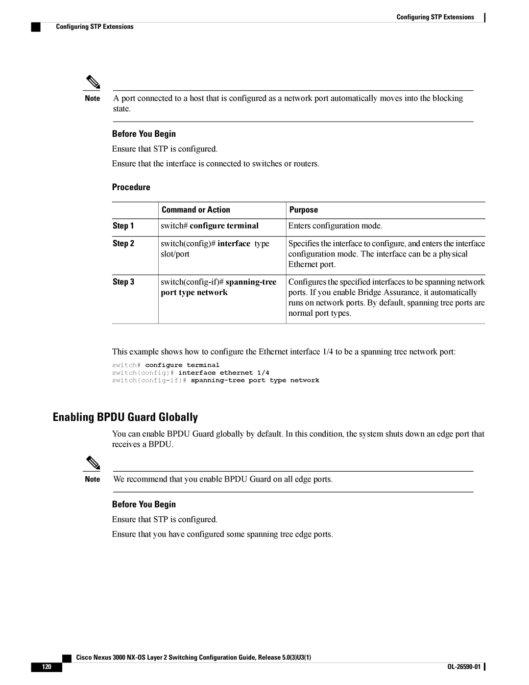 Cisco Systems N3KC3048TP1GE, N3KC3064TFAL3 manual Enabling Bpdu Guard Globally, Port type network 