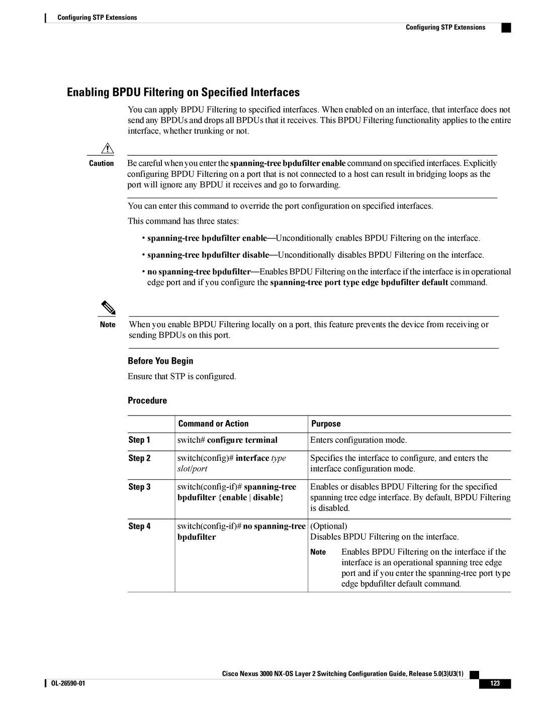 Cisco Systems N3KC3064TFAL3, N3KC3048TP1GE manual Enabling Bpdu Filtering on Specified Interfaces, Bpdufilter enable disable 