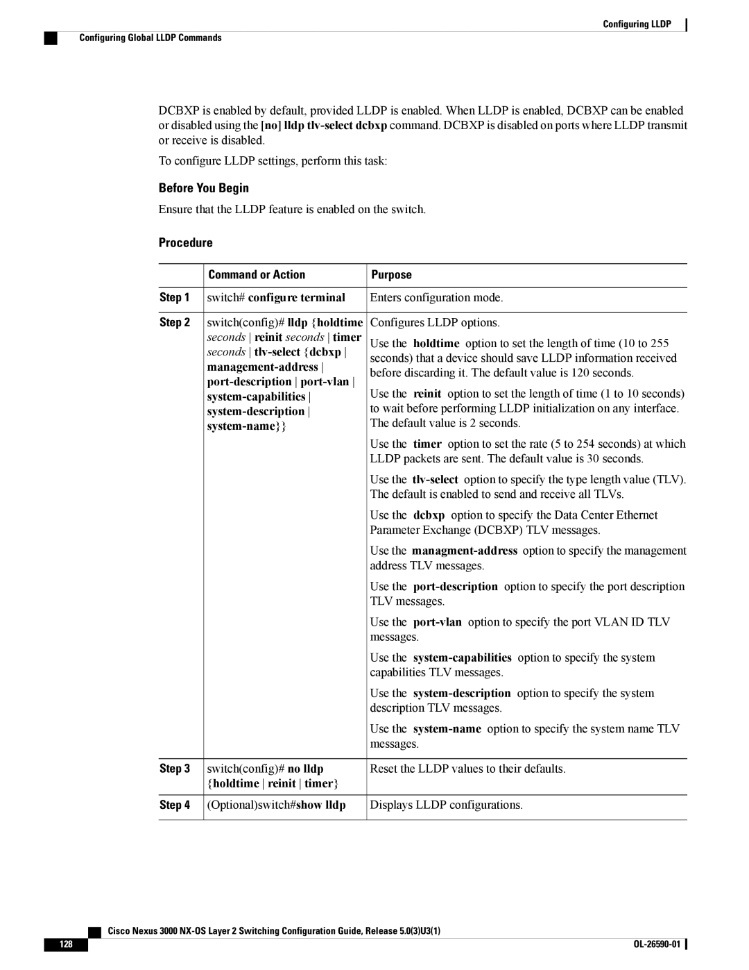 Cisco Systems N3KC3048TP1GE, N3KC3064TFAL3 Ensure that the Lldp feature is enabled on the switch, Holdtime reinit timer 