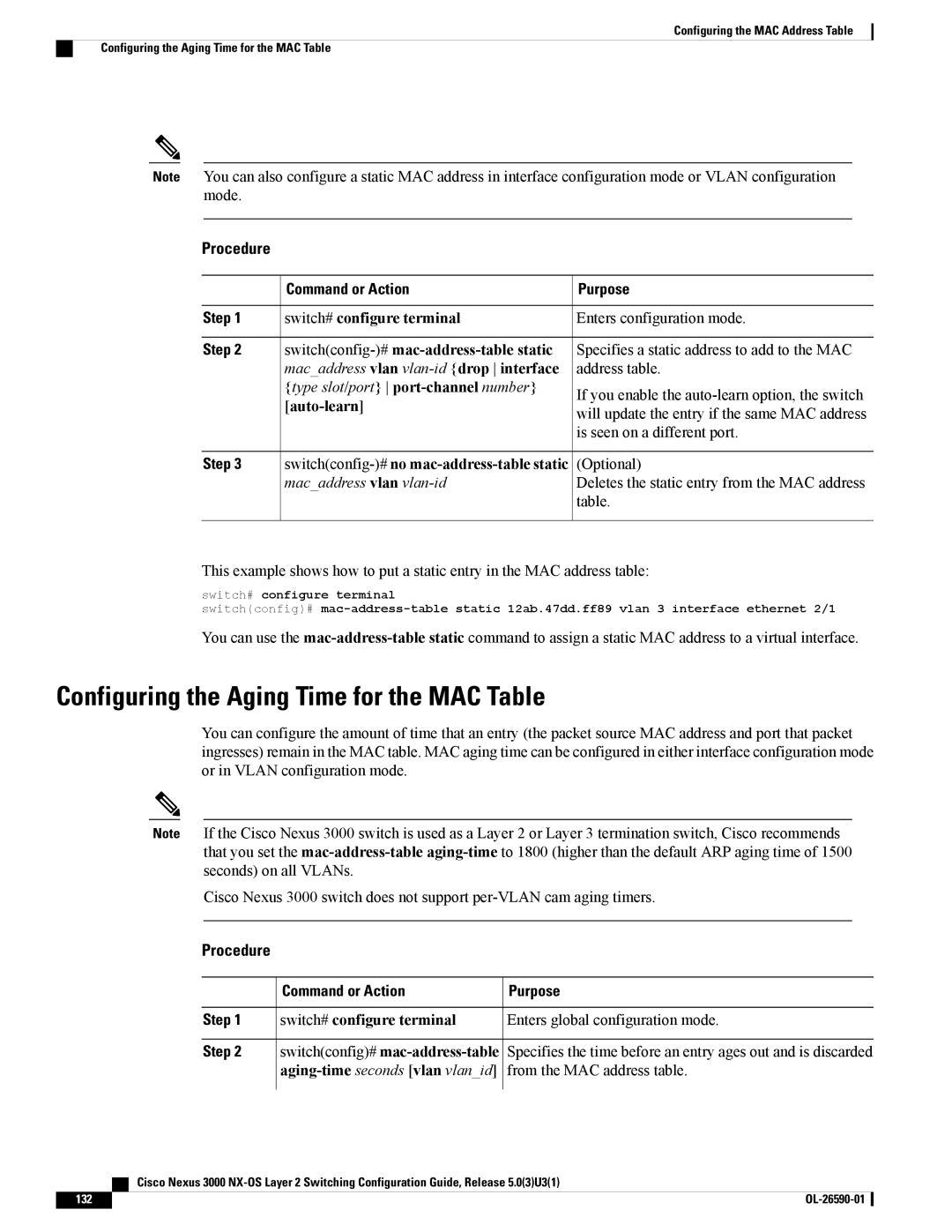 Cisco Systems N3KC3048TP1GE manual Configuring the Aging Time for the MAC Table, Switchconfig-# no mac-address-table static 