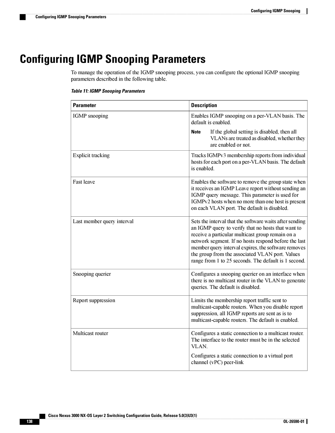 Cisco Systems N3KC3048TP1GE, N3KC3064TFAL3 manual Configuring Igmp Snooping Parameters, Parameter Description 