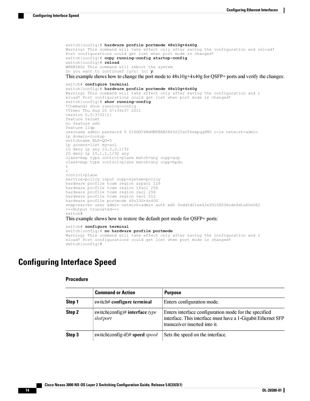 Cisco Systems N3KC3048TP1GE, N3KC3064TFAL3 manual Configuring Interface Speed, Slot /port, Transceiver inserted into it 
