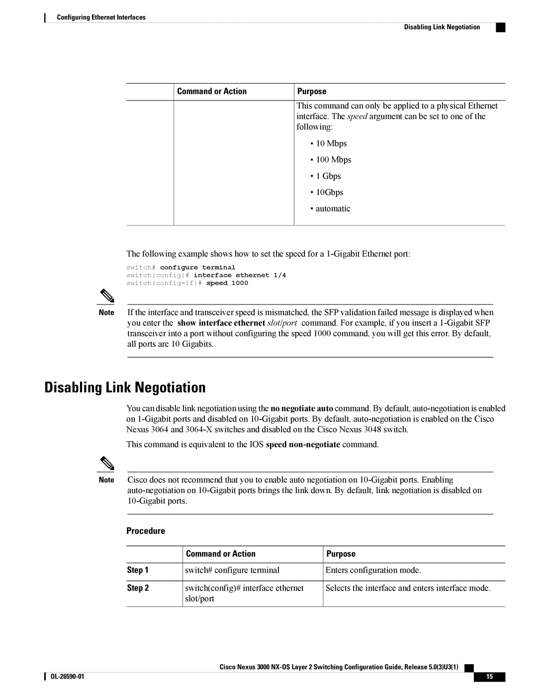 Cisco Systems N3KC3064TFAL3, N3KC3048TP1GE manual Disabling Link Negotiation, Command or Action Purpose 