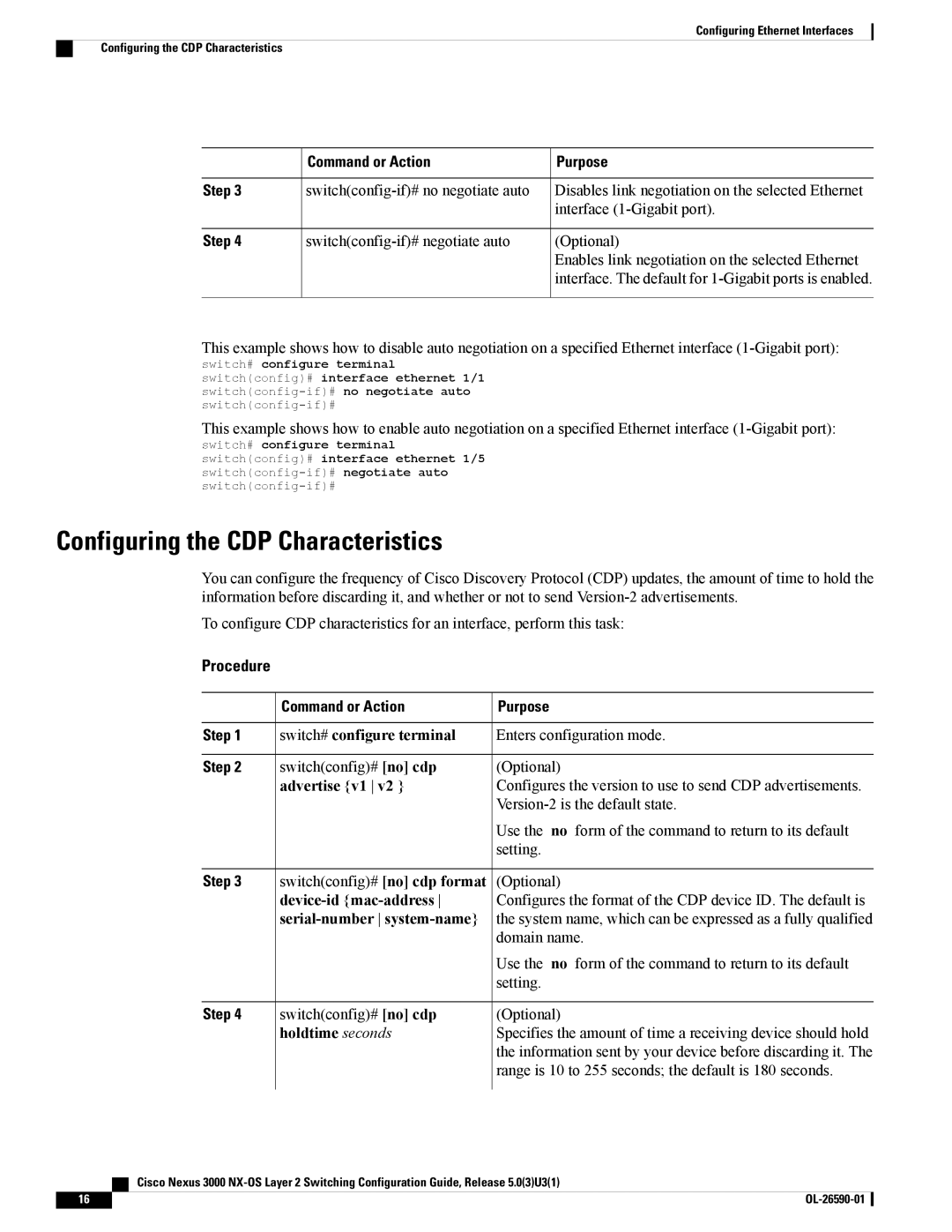 Cisco Systems N3KC3048TP1GE Configuring the CDP Characteristics, Advertise v1, Device-id mac-address, Holdtime seconds 