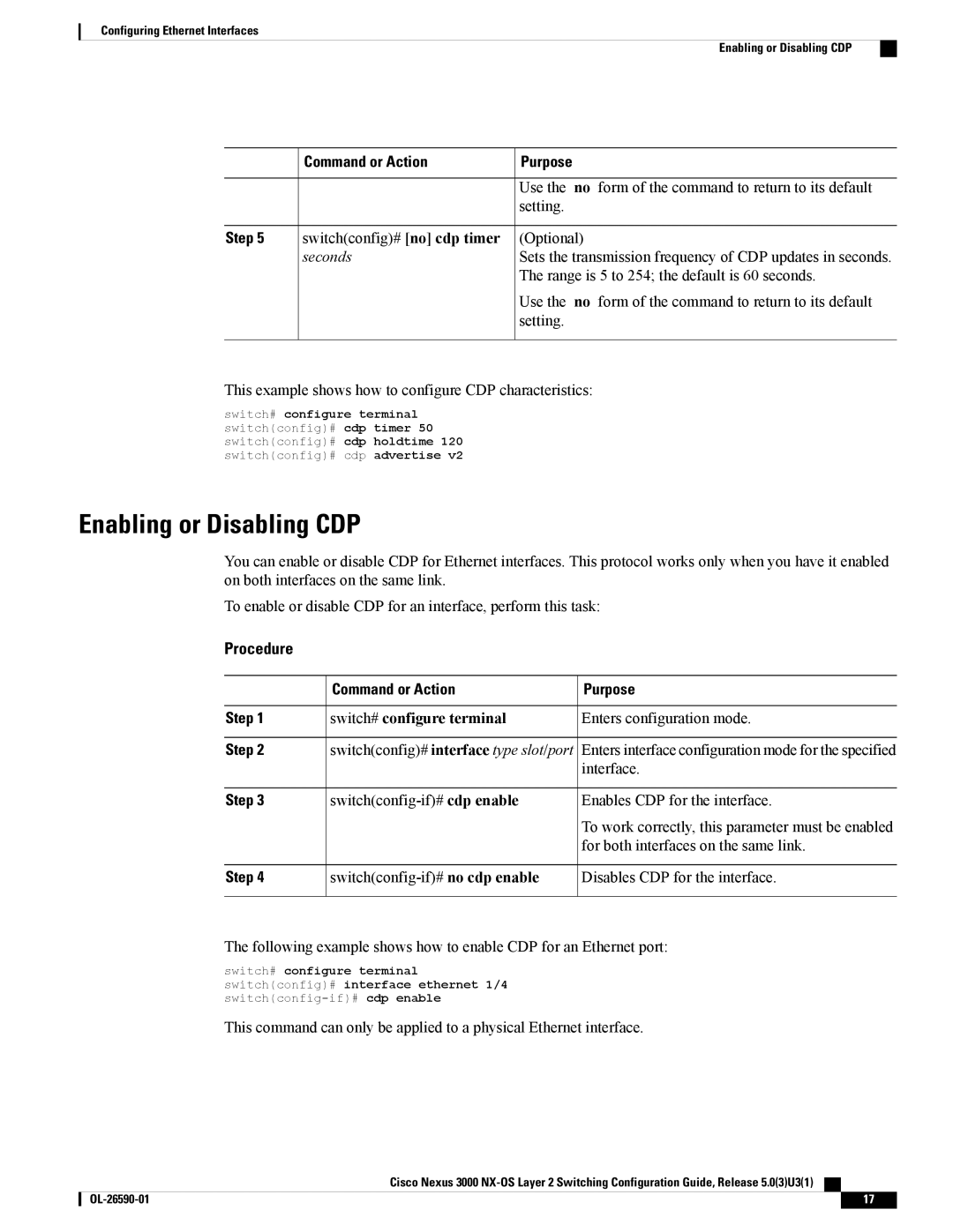 Cisco Systems N3KC3064TFAL3, N3KC3048TP1GE manual Enabling or Disabling CDP, Seconds 