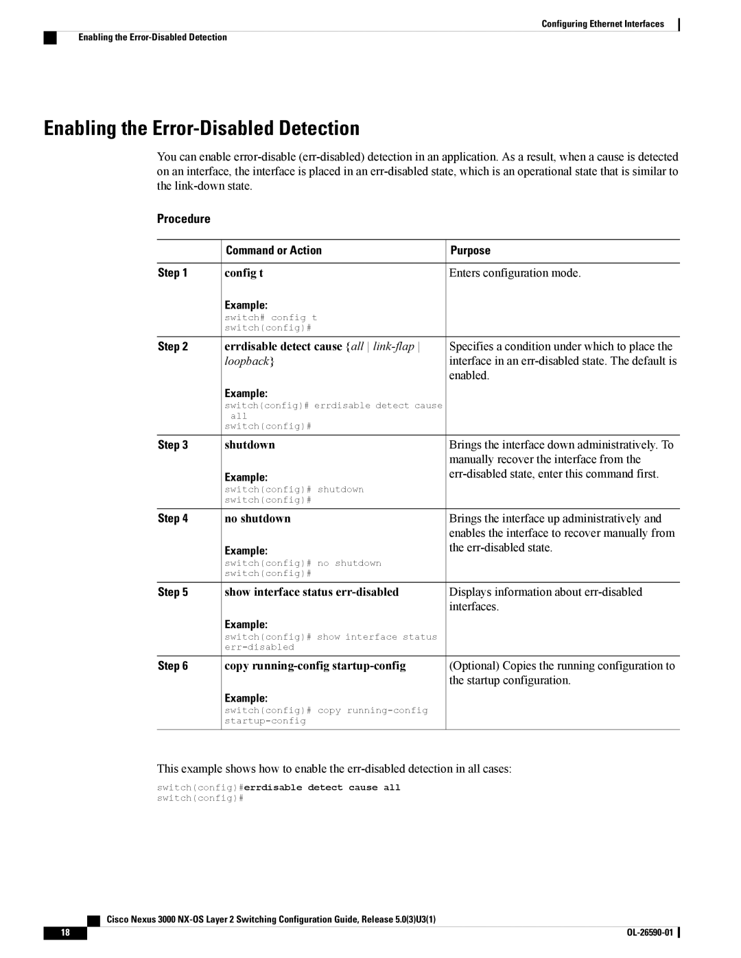 Cisco Systems N3KC3048TP1GE, N3KC3064TFAL3 manual Enabling the Error-Disabled Detection, Example 