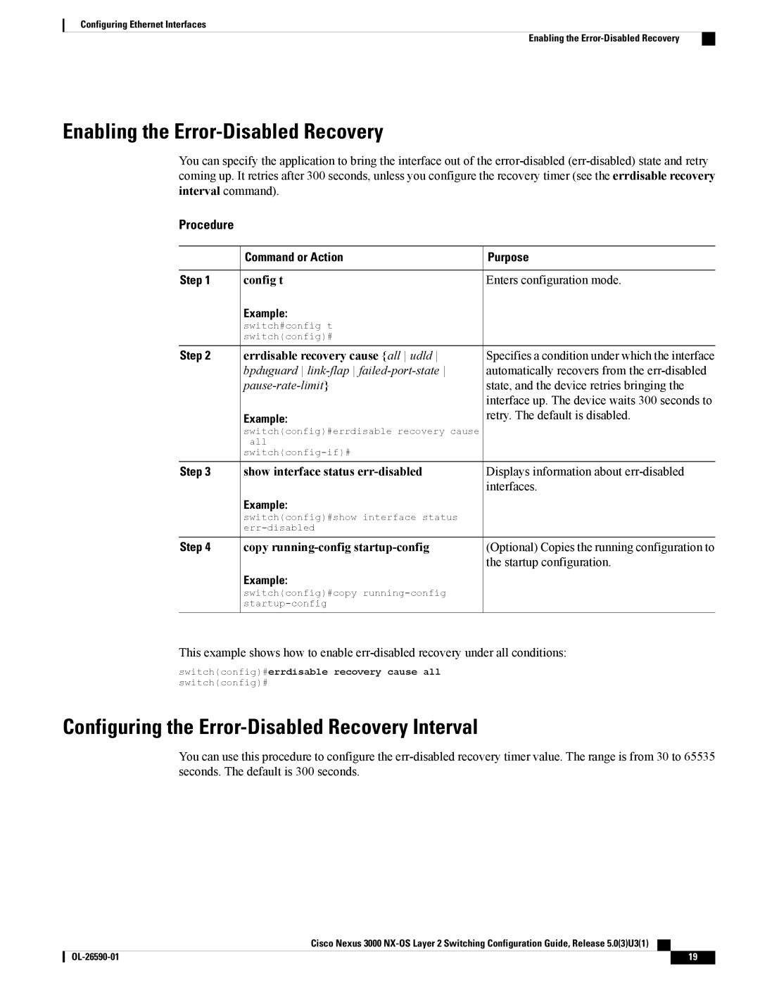 Cisco Systems N3KC3064TFAL3 manual Enabling the Error-Disabled Recovery, Configuring the Error-Disabled Recovery Interval 