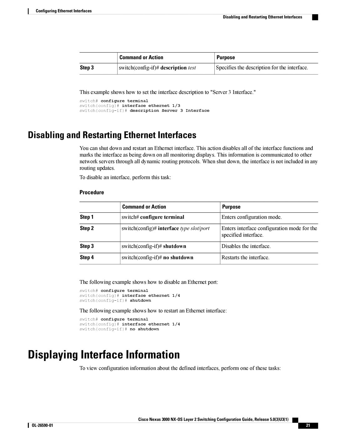 Cisco Systems N3KC3064TFAL3, N3KC3048TP1GE Displaying Interface Information, Disabling and Restarting Ethernet Interfaces 