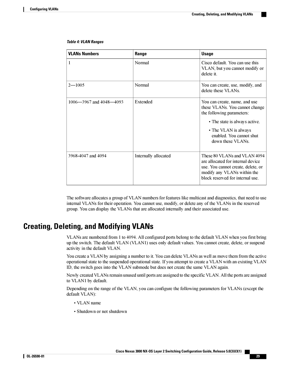 Cisco Systems N3KC3064TFAL3, N3KC3048TP1GE manual Creating, Deleting, and Modifying VLANs, VLANs Numbers Range Usage 