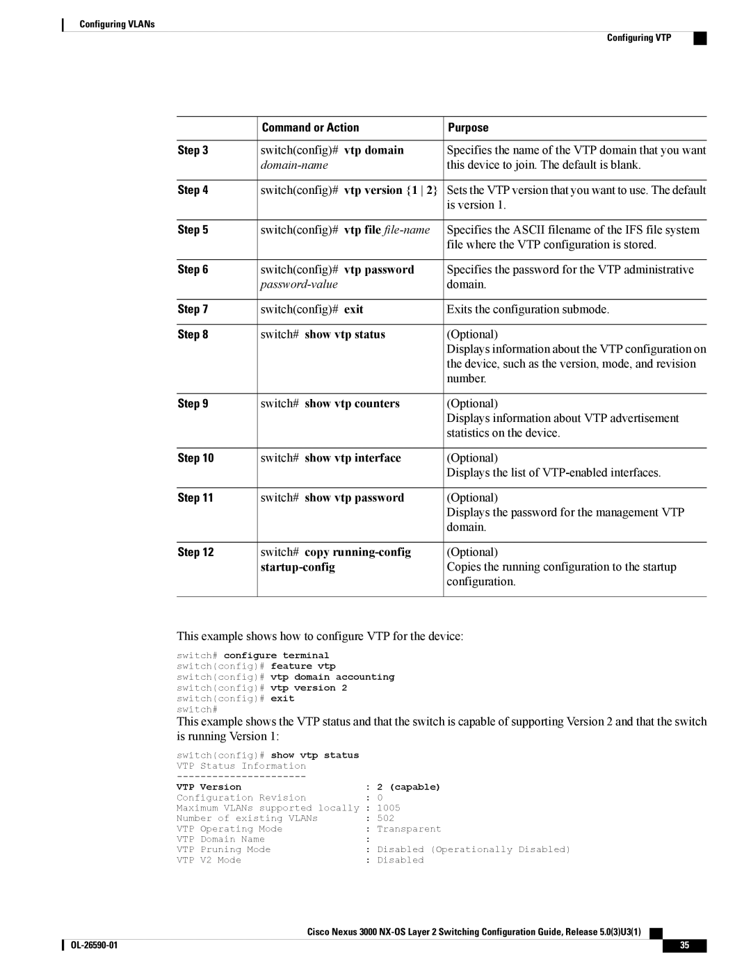 Cisco Systems N3KC3064TFAL3 Vtp version 1, Vtp file file-name, Vtp password, Exit, Show vtp status, Show vtp counters 